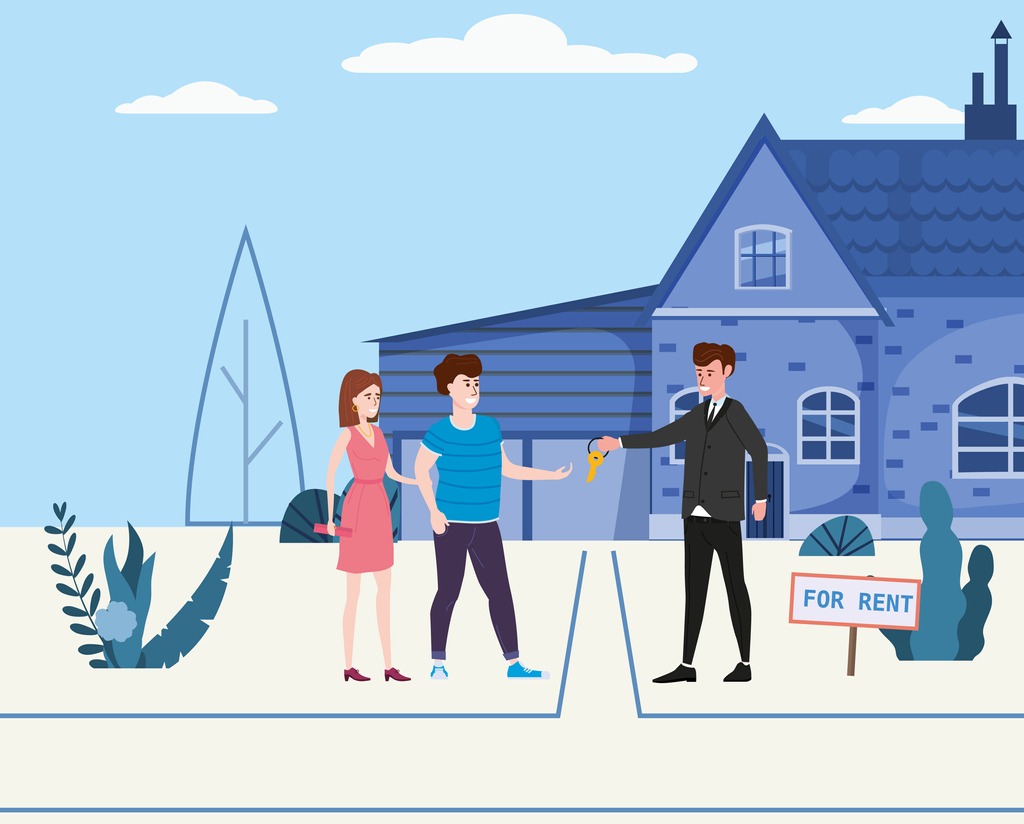 cartoon realtor passing keys to couple in front of house with for rent sign